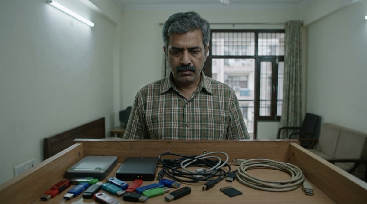 A man looking down at a drawer full of pen drives, hard disks and cables