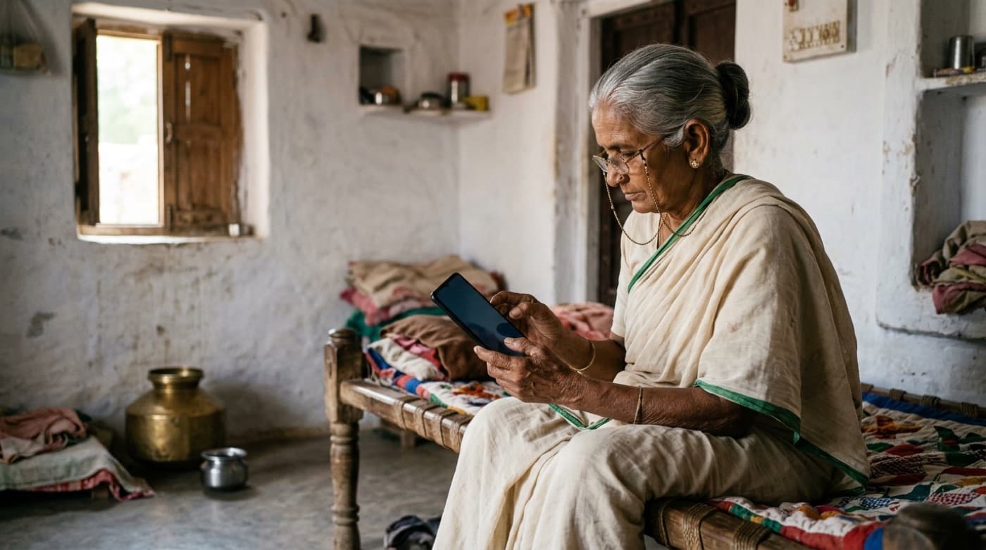 An elderly woman on a cot at home, smiling at her phone