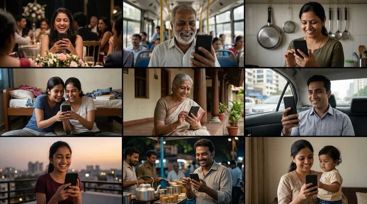 Nine people in different places, smiling at their phones