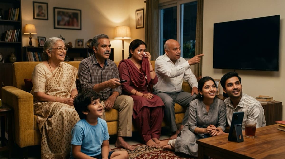 A family gathered in front of their TV for a premiere, one of them wiping a tear