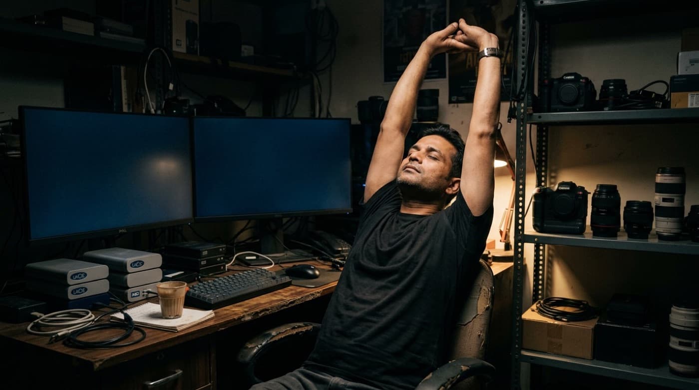 A studio owner stretching at his editing desk late at night